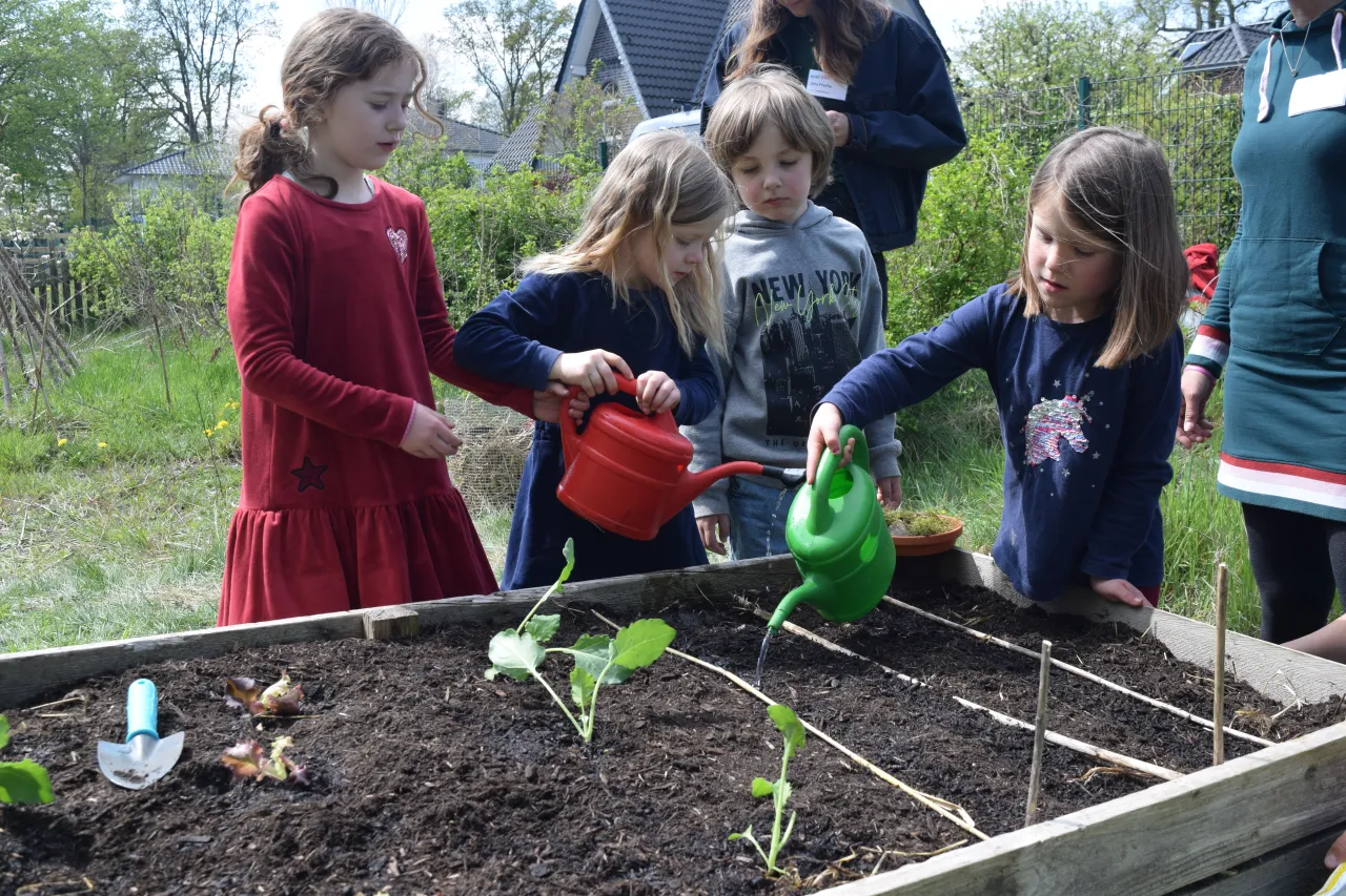 Kinder stehen um Hochbeet herum und gie&szlig;en Pflanzen